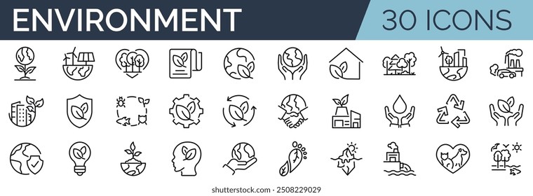 Set of 30 outline icons related to environment. Linear icon collection. Editable stroke. Vector illustration