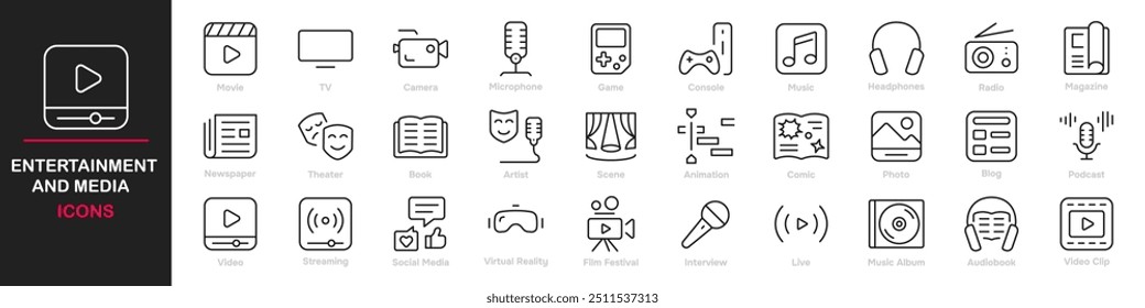 Set of 30 outline icons related to entertainment and media. This outline icon set includes film reel, TV, camera, microphone, music, theater, movie and more. Editable stroke. Vector illustration