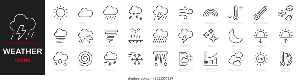 Conjunto de 30 ícones de contorno relacionados ao tempo. Este conjunto de ícones de contorno inclui sol, nuvens, chuva, neve, tempestades, vento, temperatura e muito mais. Traçado editável. Ilustração vetorial