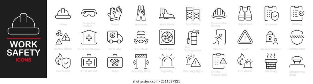 Set of 30 outline icons related to work safety. This outline icon set includes protection, emergency, first aid, evacuation, fire, danger warnings, and more. Editable stroke. Vector illustration