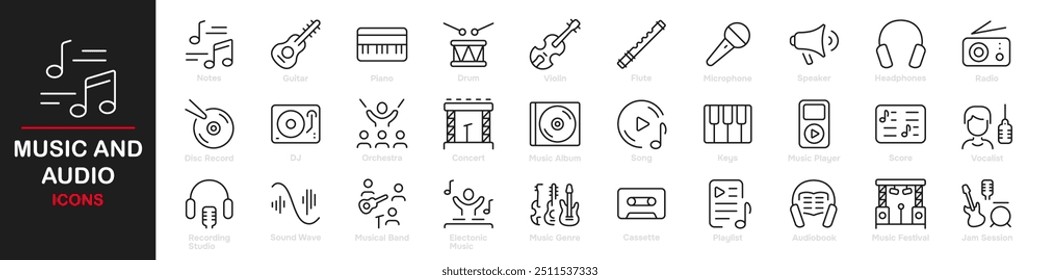 Conjunto de 30 iconos de contorno relacionados con la música y el audio. Este conjunto de iconos de contorno incluye instrumentos musicales, auriculares, micrófono, altavoz, notas, ecualizador y más. Trazo editable. Ilustración vectorial