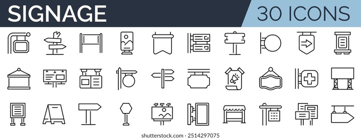 Conjunto de 30 ícones de estrutura de tópicos relacionados à sinalização. Coleção de ícones linear. Traçado editável. Ilustração vetorial