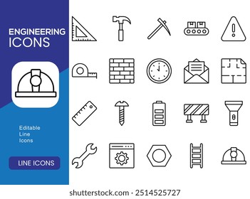 Conjunto de 30 ícones relacionados à engenharia civil. Coleção de ícones linear. Traçado editável. Ilustração vetorial