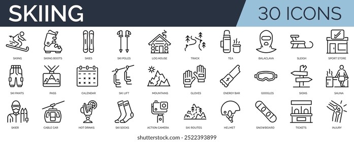 Conjunto de 30 ícones da estrutura de tópicos relacionados ao esqui. Coleção de ícones linear. Traçado editável. Ilustração vetorial