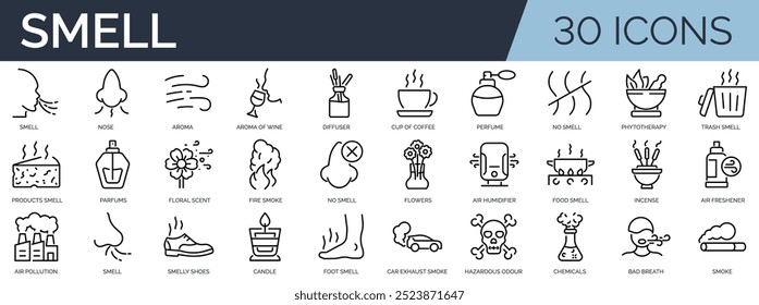 Conjunto de 30 iconos de contorno relacionados con el olfato. Colección de iconos lineales. Trazo editable. Ilustración vectorial