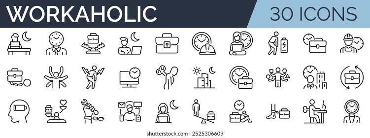 Set of 30 outline icons related to workaholic. Linear icon collection. Editable stroke. Vector illustration