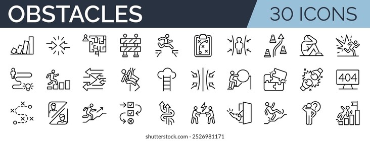 Conjunto de 30 ícones de estrutura de tópicos relacionados a obstáculos. Coleção de ícones linear. Traçado editável. Ilustração vetorial