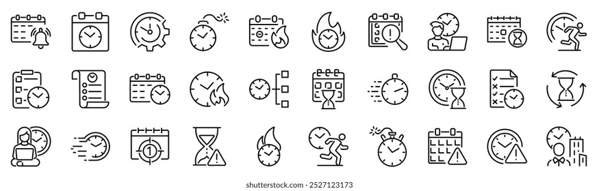 Conjunto de 30 ícones de estrutura de tópicos relacionados ao prazo final. Coleção de ícones linear. Traçado editável. Ilustração vetorial