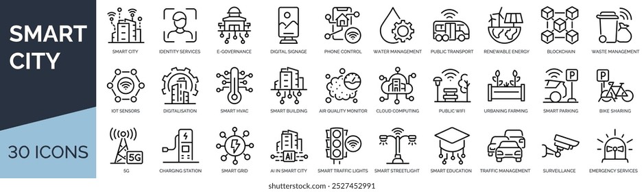 Set of 30 outline icons related to smart city. Linear icon collection. Editable stroke. Vector illustration