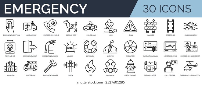 Conjunto de 30 ícones de estrutura de tópicos relacionados à emergência. Coleção de ícones linear. Traçado editável. Ilustração vetorial