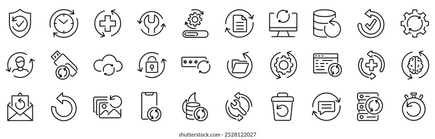 Conjunto de 30 iconos de esquema relacionados con la recuperación. Colección de iconos lineales. Trazo editable. Ilustración vectorial