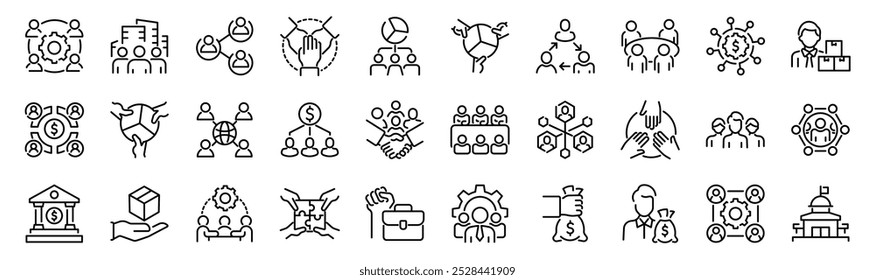 Set of 30 outline icons related to stakeholder. Linear icon collection. Editable stroke. Vector illustration