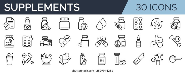 Conjunto de 30 ícones de estrutura de tópicos relacionados a suplementos. Coleção de ícones linear. Traçado editável. Ilustração vetorial