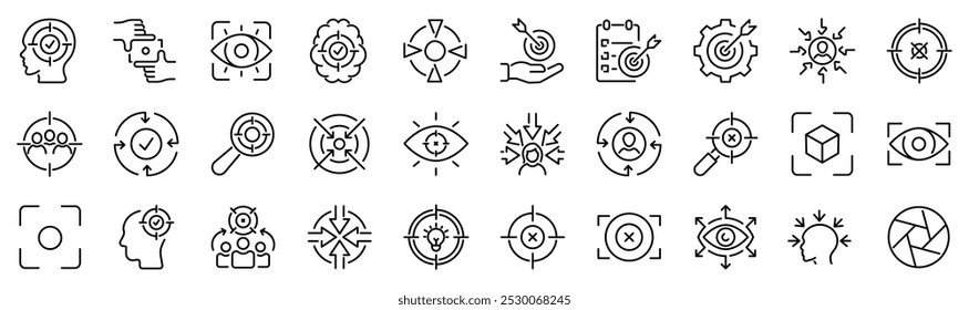 Conjunto de 30 ícones relacionados com foco, concentração. Coleção de ícones linear. Traçado editável. Ilustração vetorial