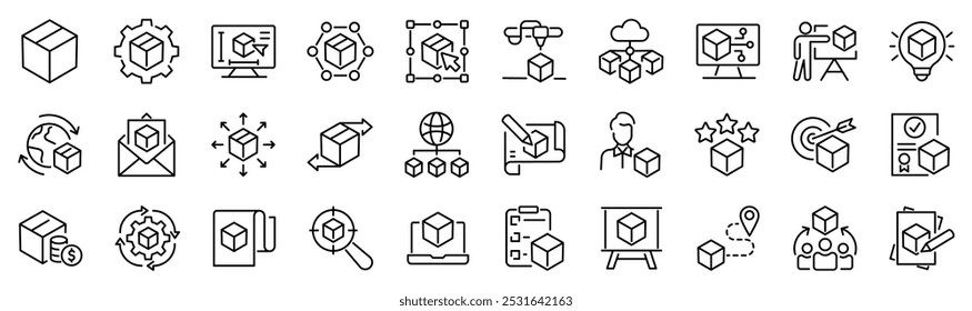 Conjunto de 30 ícones de tópicos relacionados ao produto. Coleção de ícones linear. Traçado editável. Ilustração vetorial