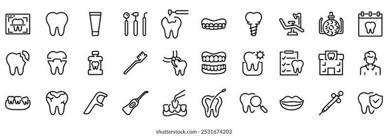 Conjunto de 30 ícones de estrutura de tópicos relacionados ao odontológico. Coleção de ícones linear. Traçado editável. Ilustração vetorial