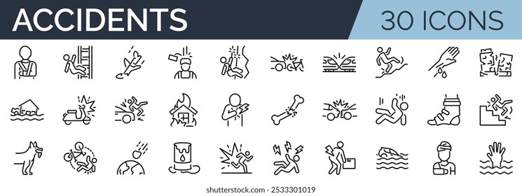 Set of 30 outline icons related to accidents. Linear icon collection. Editable stroke. Vector illustration