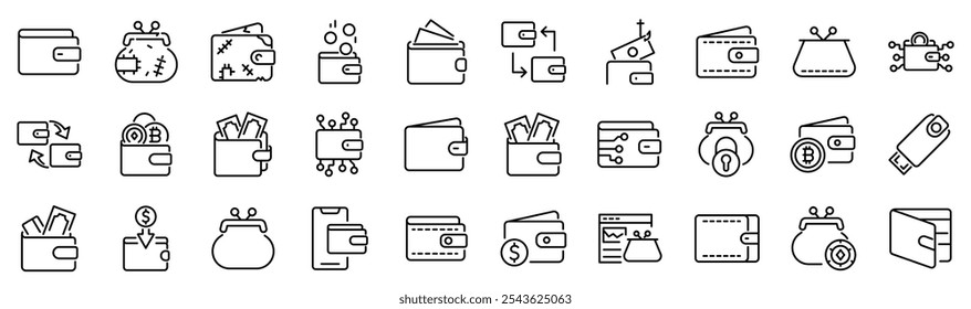 Conjunto de 30 ícones de tópicos relacionados à carteira. Coleção de ícones linear. Traçado editável. Ilustração vetorial	