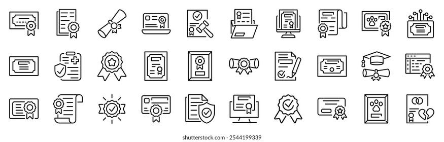 Set of 30 outline icons related to certificate. Linear icon collection. Editable stroke. Vector illustration