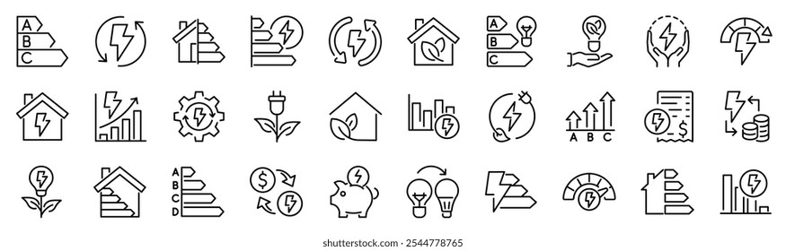 Conjunto de 30 ícones de estrutura de tópicos relacionados à eficiência energética. Coleção de ícones linear. Traçado editável. Ilustração vetorial