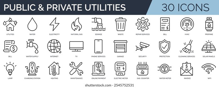 Conjunto de 30 ícones de estrutura de tópicos relacionados a serviços públicos e privados. Coleção de ícones linear. Traçado editável. Ilustração vetorial	