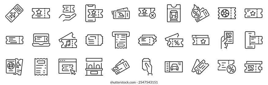 Conjunto de 30 ícones de estrutura de tópicos relacionados ao ticket. Coleção de ícones linear. Traçado editável. Ilustração vetorial	