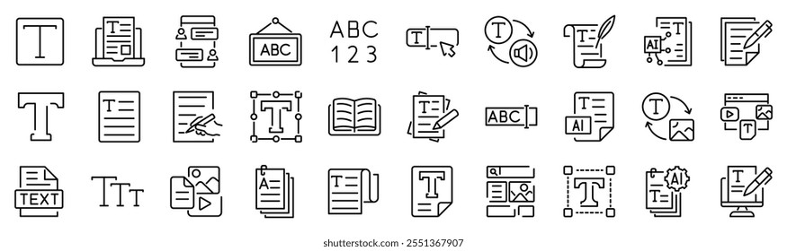 Set of 30 outline icons related to text. First set. Linear icon collection. Editable stroke. Vector illustration	
