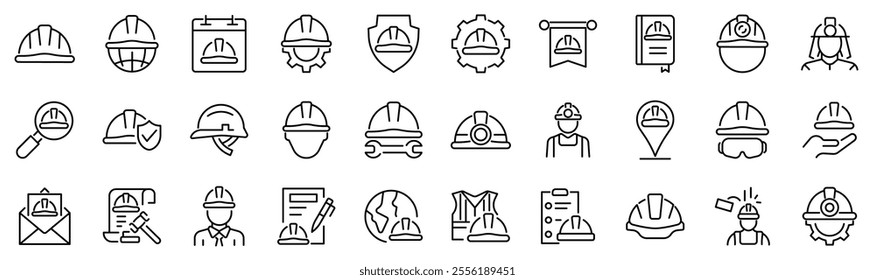 Set of 30 outline icons related to helmet, hard hat. First set. Linear icon collection. Editable stroke. Vector illustration	