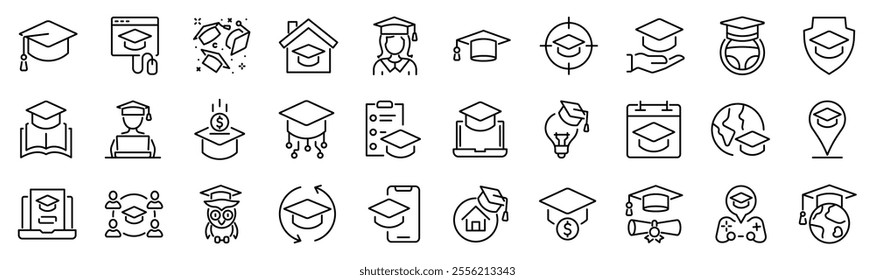 Set of 30 outline icons related to graduation hat, education. First set. Linear icon collection. Editable stroke. Vector illustration	