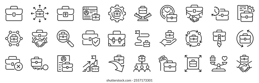 Set of 30 outline icons related to briefcase. Linear icon collection. Editable stroke. Vector illustration	