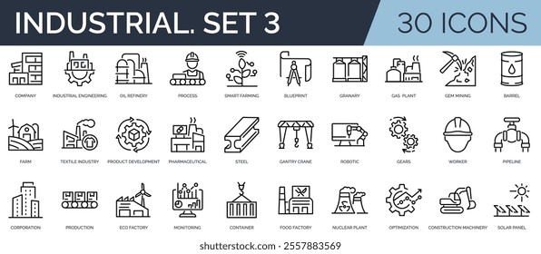 Set of 30 outline icons related to industrial. Third set. Linear icon collection. Editable stroke. Vector illustration	