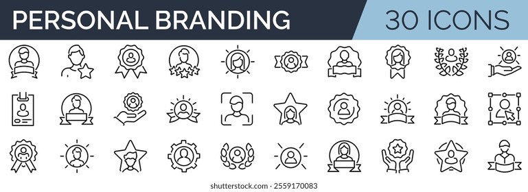 Set of 30 outline icons related to personal branding. Linear icon collection. Editable stroke. Vector illustration	