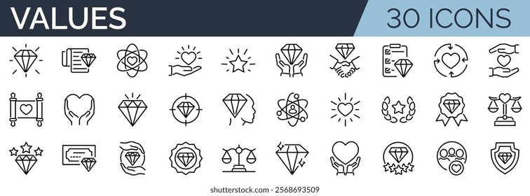 Set of 30 outline icons related to values. Linear icon collection. Editable stroke. Vector illustration	