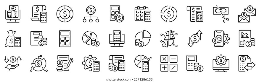 Set of 30 outline icons related to budgeting, estimation. Linear icon collection. Editable stroke. Vector illustration	