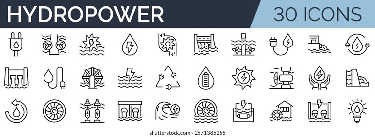 Set of 30 outline icons related to hydropower. Linear icon collection. Editable stroke. Vector illustration	