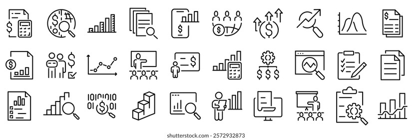 Set of 30 outline icons related to Financial analytics, estimation. Linear icon collection. Editable stroke. Vector illustration