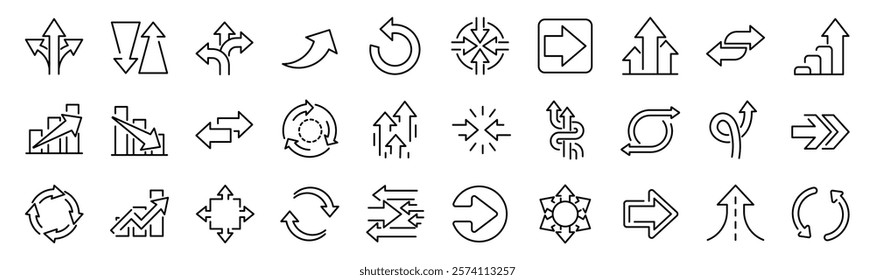 Set of 30 outline icons related to arrows. First set. Linear icon collection. Editable stroke. Vector illustration	