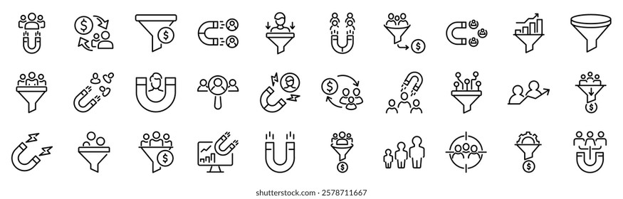 Set of 30 outline icons related to lead generation.  Linear icon collection. Editable stroke. Vector illustration	