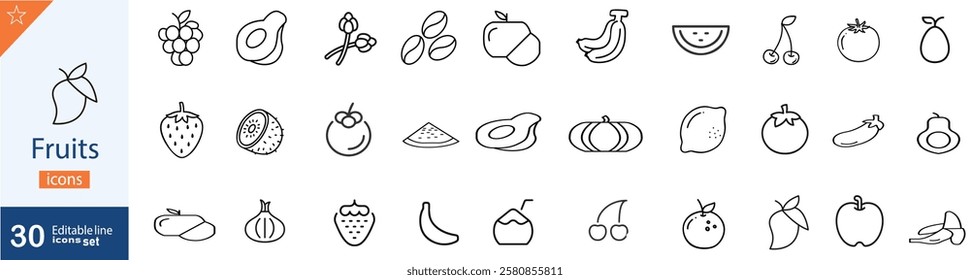 Set of 30 outline icons related to food product classification .Linear icon collection. Editable stroke. Vector illustration . A Collection Of Fruits Vegetables Icons Collection . Editable stroke