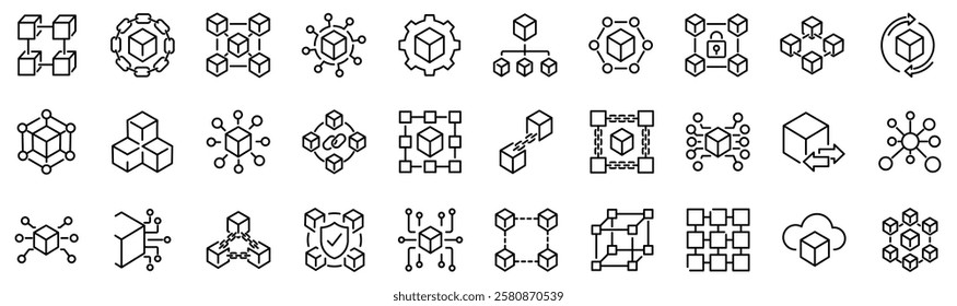 Set of 30 outline icons related to blockchain.  Linear icon collection. Editable stroke. Vector illustration	