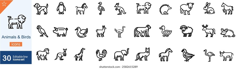 Set of 30 outline icons related to domesticated animals. Linear icon collection. Editable stroke. Animal, wild, zoo icon set.  Vector illustration