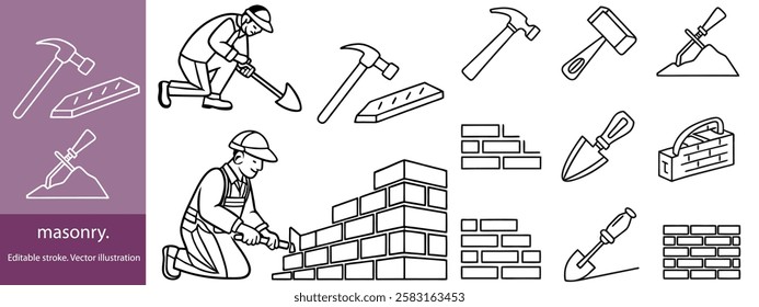 Set of 30 outline icons related to masonry. Linear icon collection. Editable stroke. Vector illustration