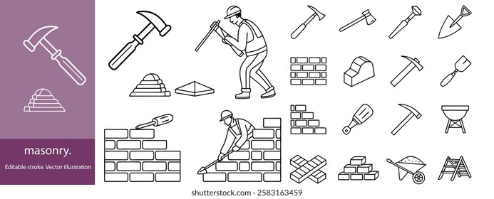Set of 30 outline icons related to masonry. Linear icon collection. Editable stroke. Vector illustration