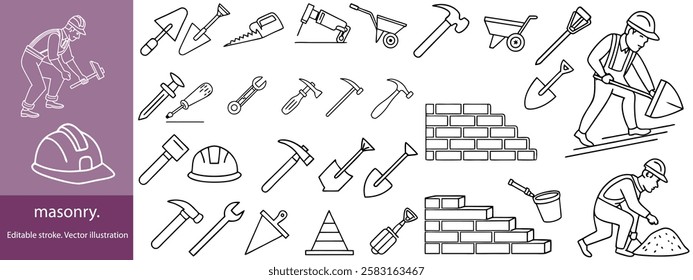 Set of 30 outline icons related to masonry. Linear icon collection. Editable stroke. Vector illustration