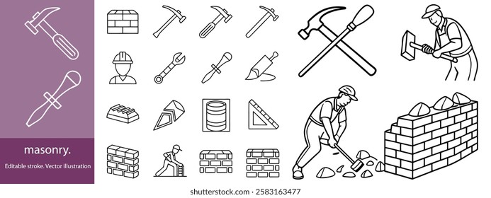 Set of 30 outline icons related to masonry. Linear icon collection. Editable stroke. Vector illustration