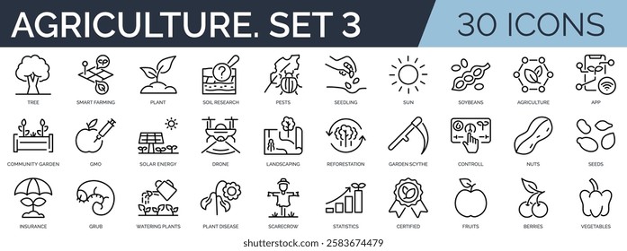 Set of 30 outline icons related to agriculture. Third set. Linear icon collection. Editable stroke. Vector illustration