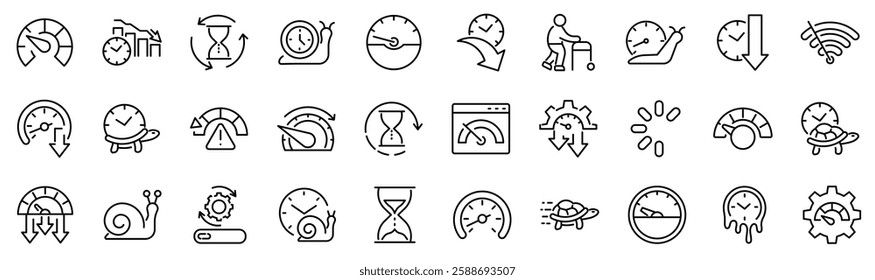 Set of 30 outline icons related to slow. Linear icon collection. Editable stroke. Vector illustration