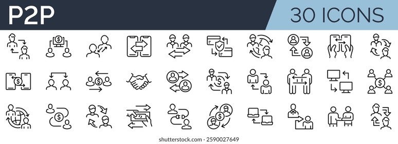 Set of 30 outline icons related to peer to peer. Linear icon collection. Editable stroke. Vector illustration