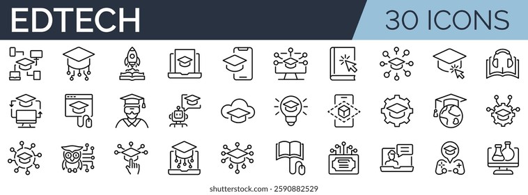 Set of 30 outline icons related to education technology. Linear icon collection. Editable stroke. Vector illustration