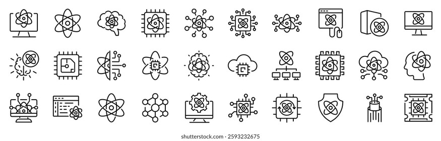 Set of 30 outline icons related to quantum computing. Linear icon collection. Editable stroke. Vector illustration